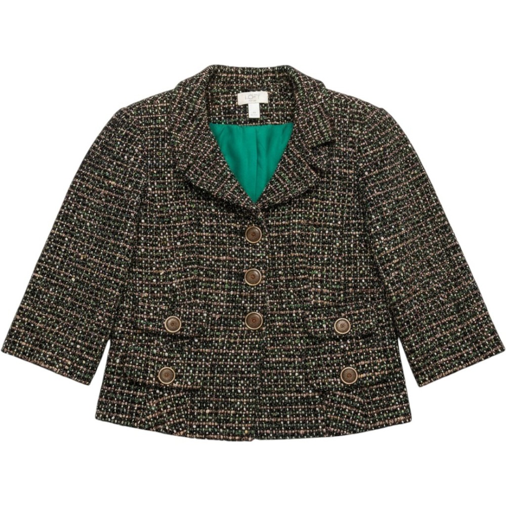 Ann Taylor Loft Petites Tweed Blazer‎ Green Brown Multi Button Crop Jacket 6P